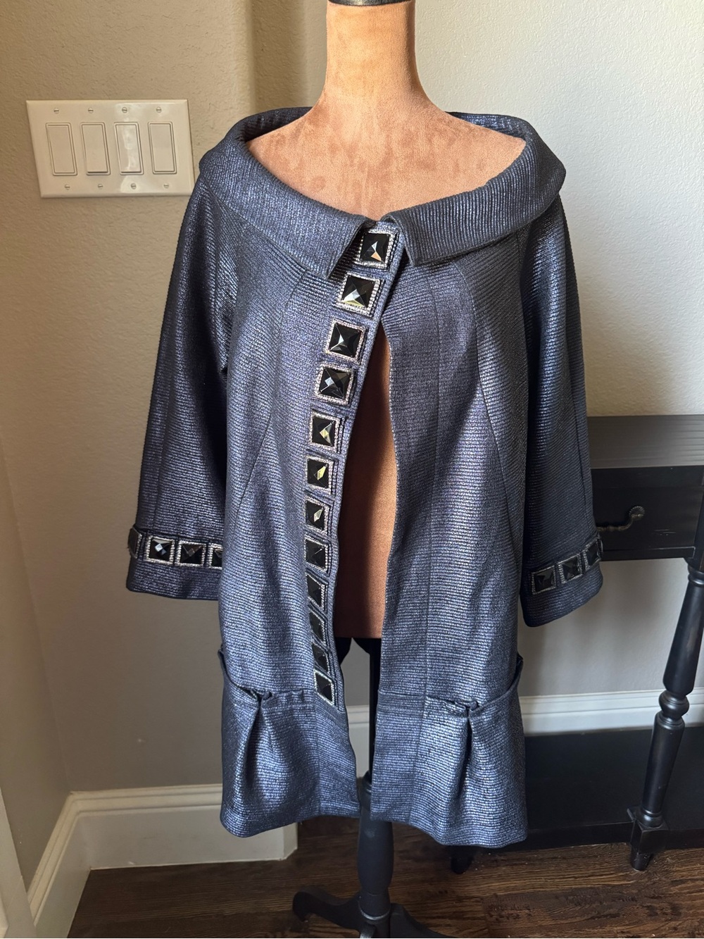 DVF Tiboron Metallic Blue Stud-Trim Wool Blend Opera Coat Cape Silk Lined 8 Rare